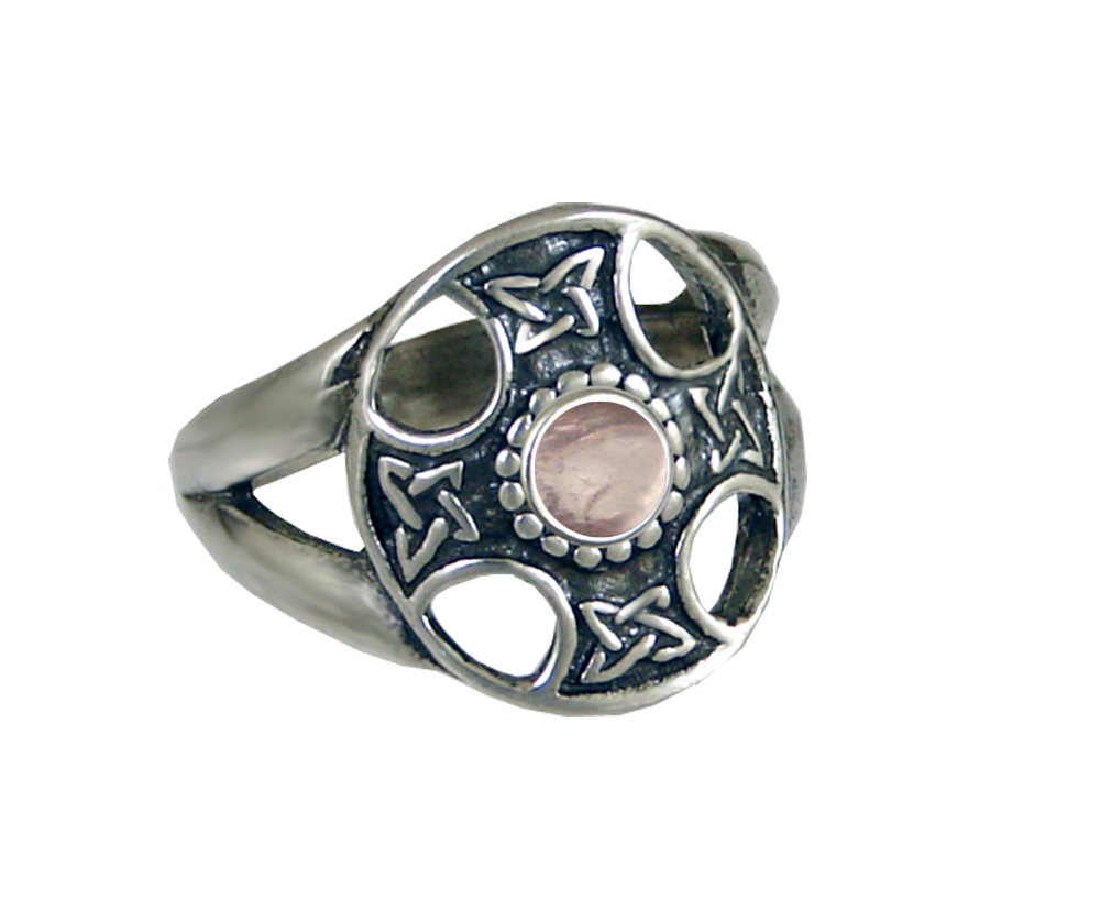 Sterling Silver Celtic Solar Cross Ring With Rose Quartz Size 10